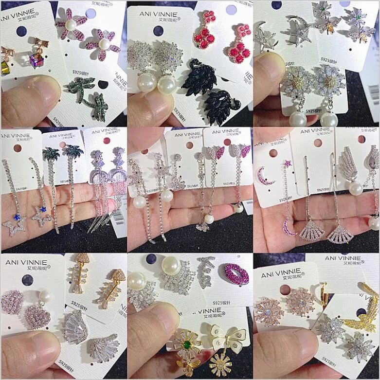 Nieuwe oorbellen 925 Zilveren pin Hot Koreaanse Dangle Glanzende Strass Drop kleur temperament zirkoon hart bijen parel micro stud oorbellen Mix