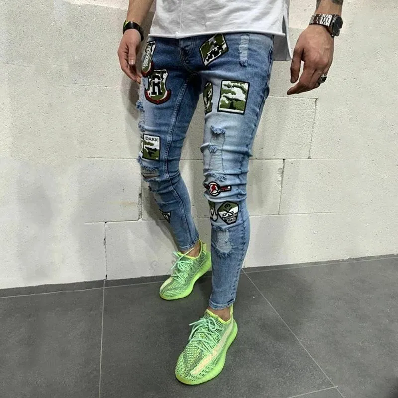 Fashion Street Mens Clothing Spring Autumn Patchwork Jeans Slim Casual Youth Hip Hop Stretch Denim Pants Ripped Skinny Trousers