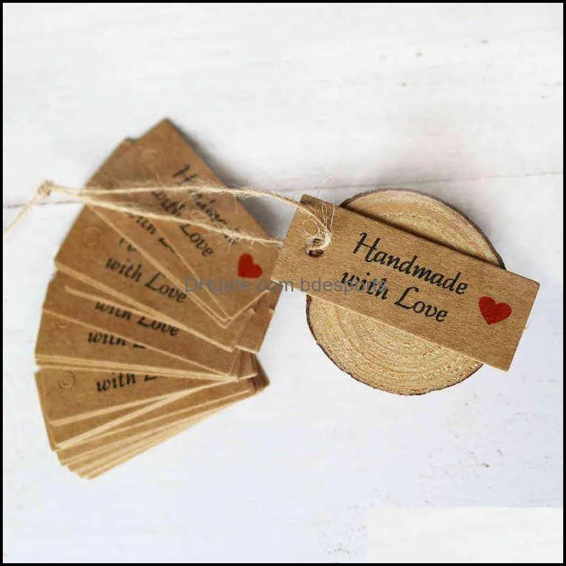 100pcs Kraft Paper Tags with Strings Handmade with Love Hang Tags Garment Tags for Candy/Gift/ Display Packing Label Card Y1230