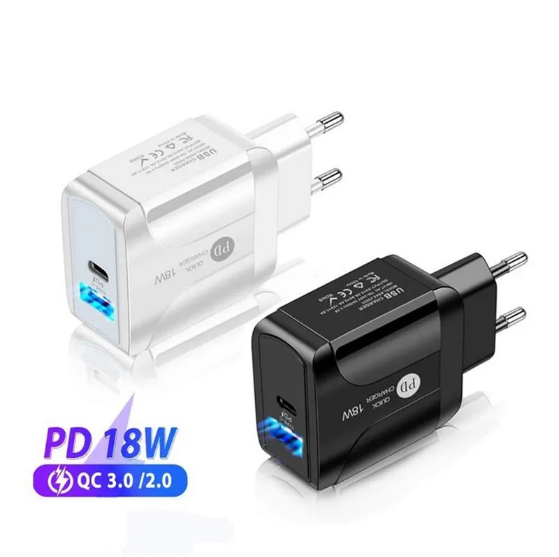 Type-C 18W PD and QC 3.0 Fast Wall Charger with US EU UK Plug for Samsung iPhone Ipad Xiaomi Huawei Mobile Cell Phone