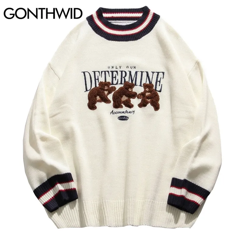 GONTHWID Bear Patchwork Rayas Punto Jumpers Suéteres Streetwear Hip Hop Harajuku Casual Pullover prendas de punto Moda para hombre Tops 201028