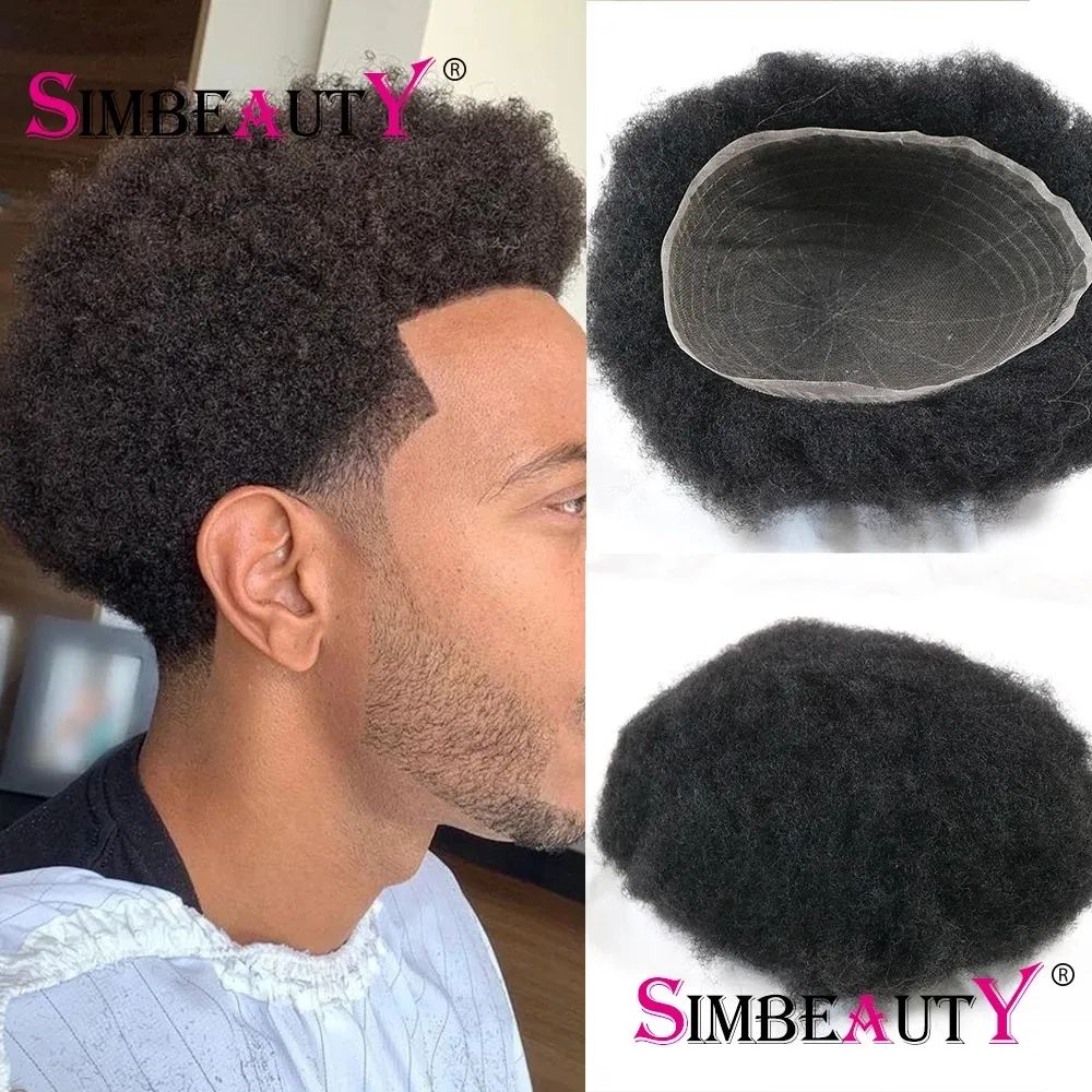 4MM 100% Human Hair African American Toupee For Men Breathable Soft Full Swiss Lace Base Afro Kinky Curly Replacement System Wig