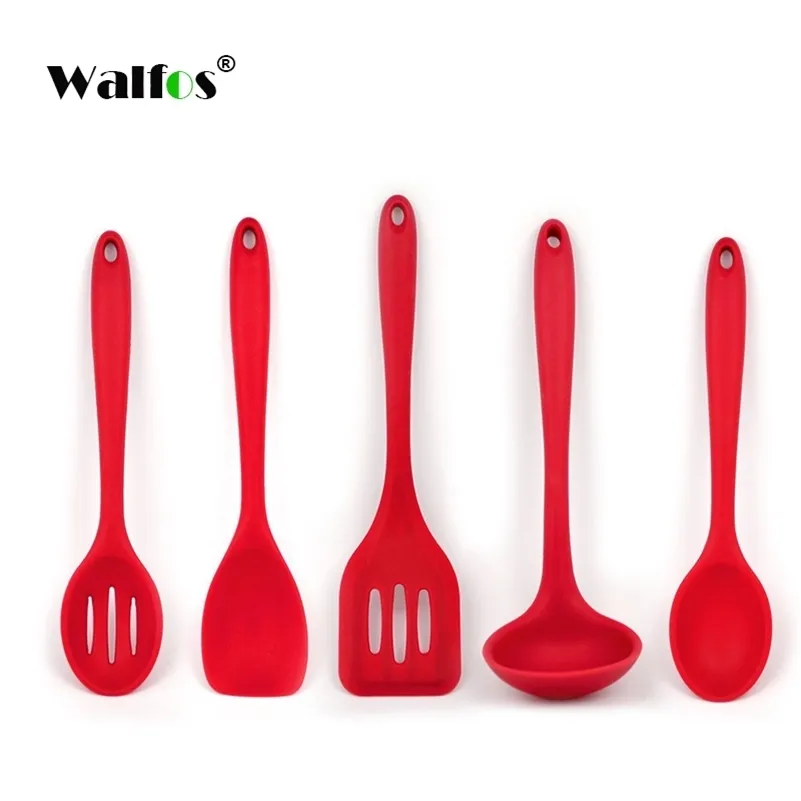 Walfos Cooking Spatula Turner Spoonula Mixing Spoon Slotted Spoon Ladle 5Pcs Kitchen Silicone Cooking Tools Kitchen Utensil Set 201223