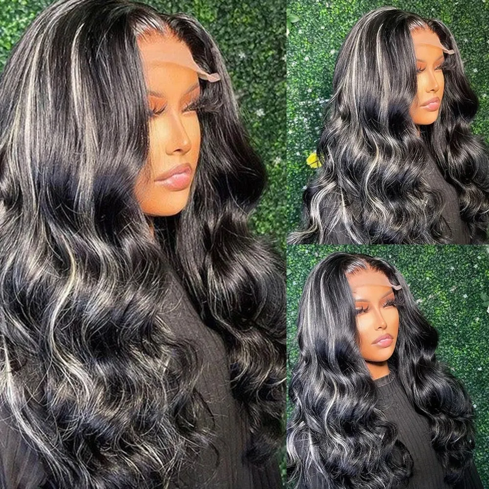 Body Wave Spets Front Wig Gray Blonde Platinum Highlight 13x6 Full snören Mänskligt hår PRED PLUCKED ANSPARENT SOUT PERUS FÖR KVINNOR