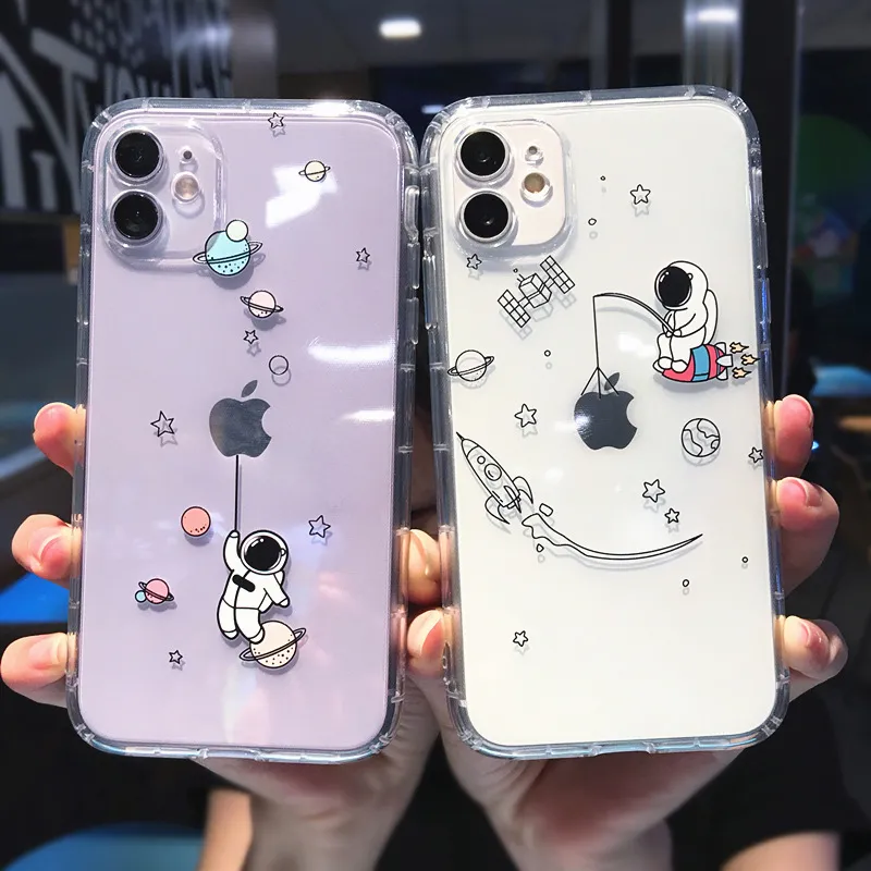 かわいい漫画宇宙飛行宇宙スペース透明なiPhoneケースiPhone 13 12 11 Pro最大XR X Xmax 7 8プラスクリアソフトTPU耐衝撃バックカバードロップシップ卸売DHL