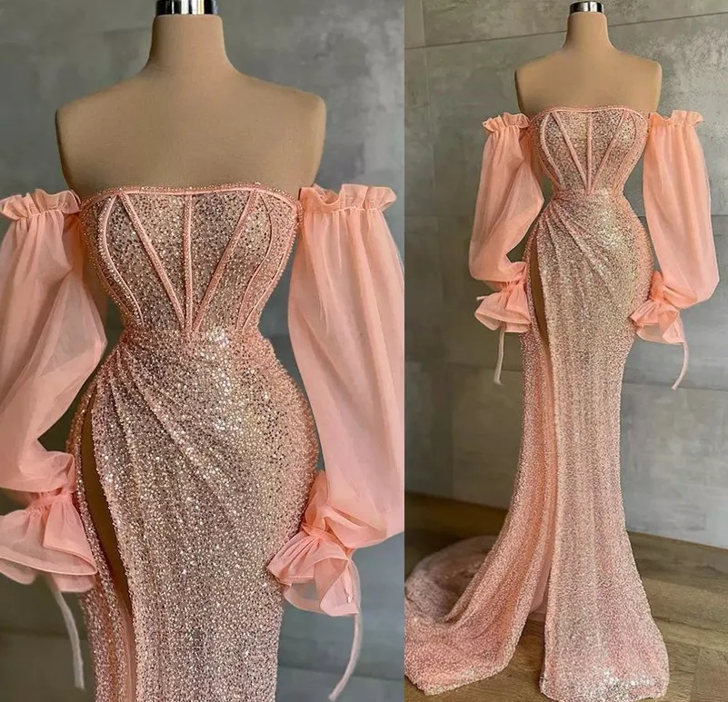 2022 Plus Storlek Arabisk Aso Ebi Rosa Mermaid Sparkly Prom Klänningar Beaded Sequined Lace Evening Formell Party Andra Receptionen Födelsedag Engagemang Kappor Klänning ZJ205