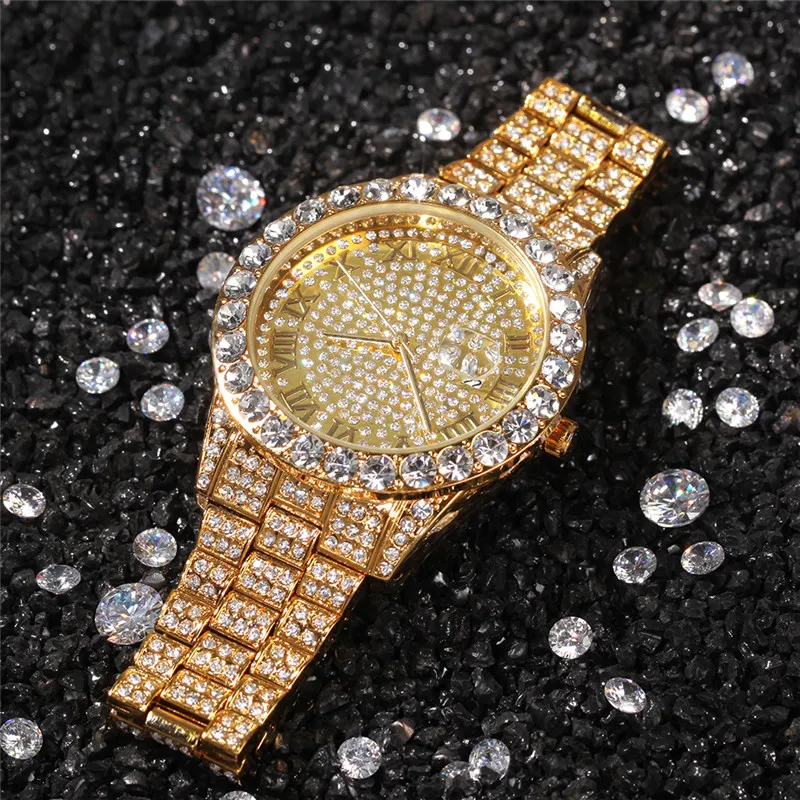 Full Diamond Quartz Watches Men Hiphop Bracelet Bling Cubic Zirconia 18K Gold Plated Link Chains Mens Hip Hop Chain Jewelry