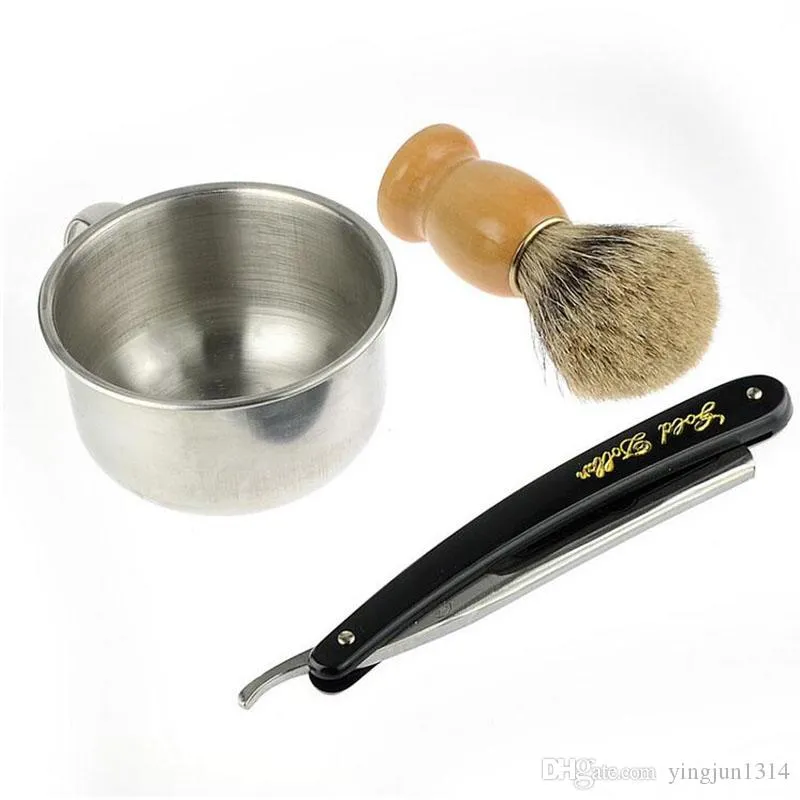 Straight Razor Gold Dollar Best Badger Shaving Brush Soap Bowl Barber Leather Sharpening Strop Strap Men Shave Beard Set