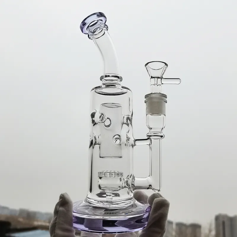 8 pouces coloré épais cou plié bangs en verre violet pipe à fumer recycleur huile de verre dab plates-formes percolateur conduites d'eau joint femelle avec bol transparent de 14 mm pour les fumeurs