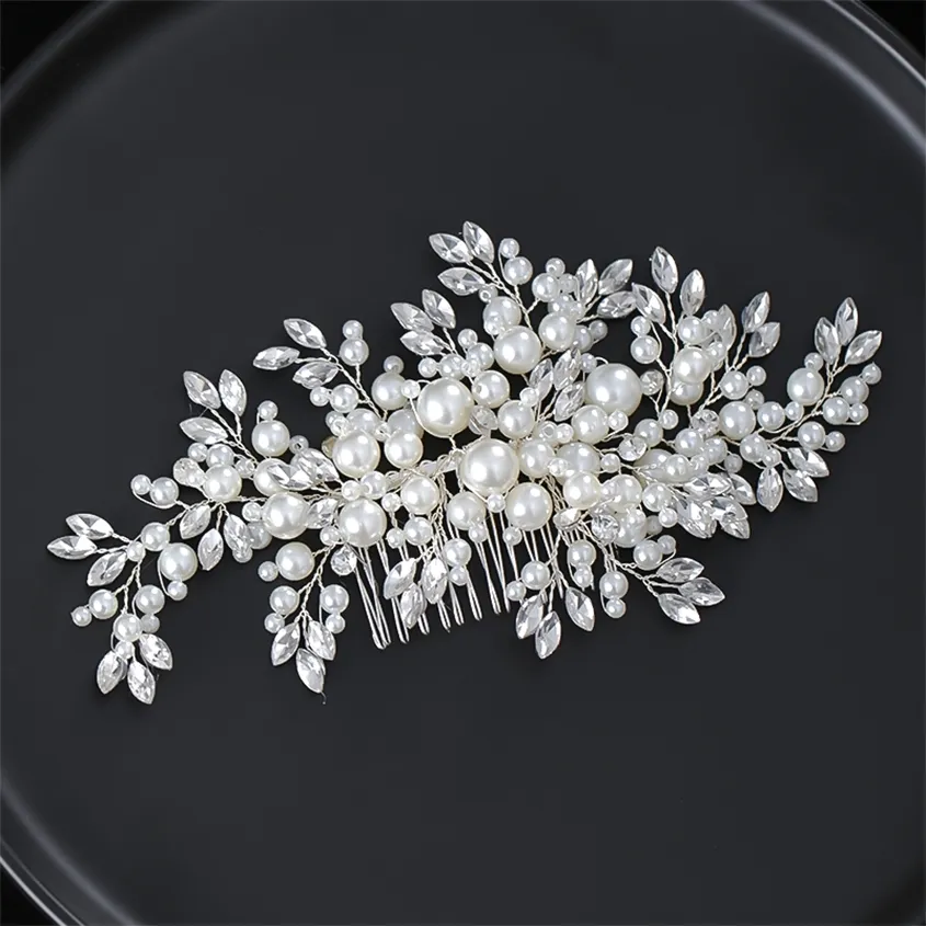 Pearl Fashion Wedding Hair Tillbehör Silver Color Crystal Headpiece Handgjorda Combs Brud Smycken För Kvinnor 220222