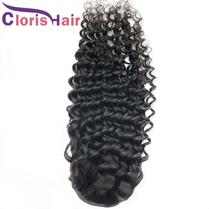 巾着ポニーテールエクステンションの深い波の人間の髪のマレーシアのレミーポニーテール黒人女性のためのクリップインを調節可能な深い巻き毛の毛の片