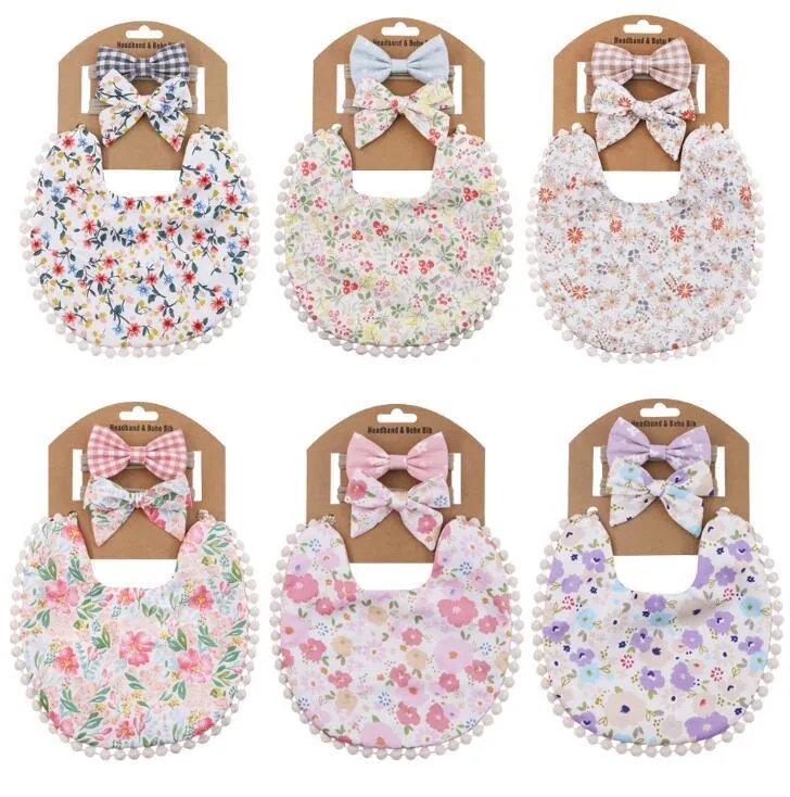 Baby bib double-faced Bibs grid printing burp cloth Cotton flax Bow headband Hair accessories Infant Set kids Gift Sets wmq890