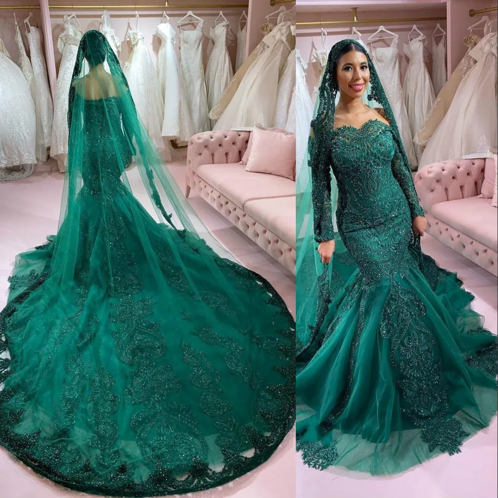 Green Off-Shoulder Green mermaid wedding dress with Long Sleeves, Lace Appliques, Crystal Beads, and Court Train - Formal Bridal Gown