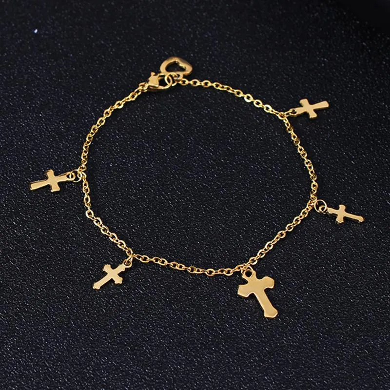Rostfritt stål Guldkors Amulet Cross Charm Anklet Religiösa Hjärta Barefoot Sandaler Fot Smycken För Kvinnor Present Casual Match