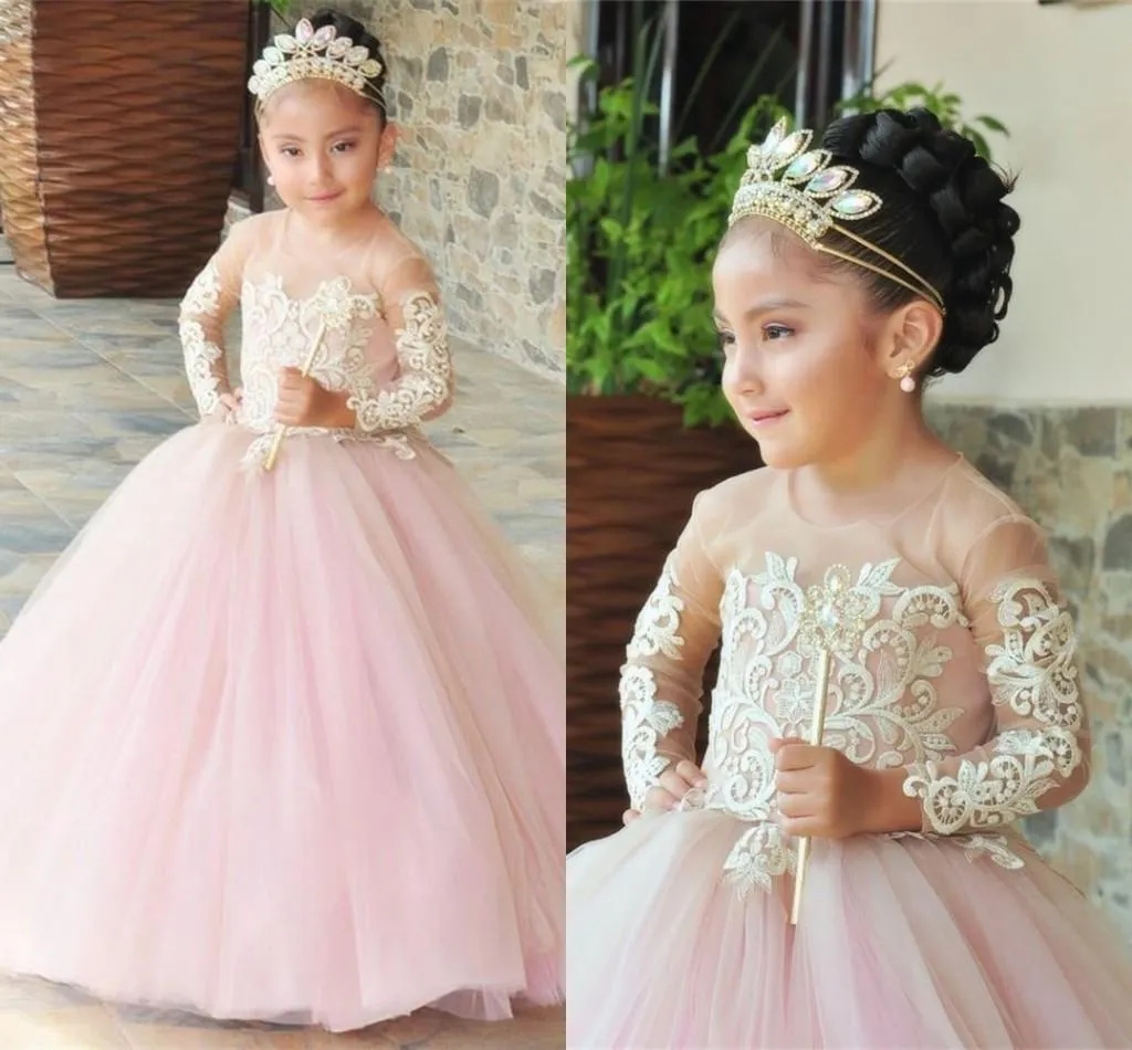 2021 Słodkie rumieniec suknie ślubne dla małych Gilrs Pink Tulle Koronki Ivory Lace Illusion Aplikacja Długie Rękawy Princess Flower Girl Dresses