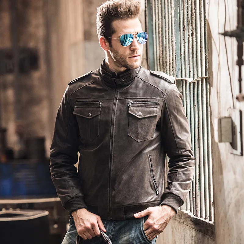 Mens Genuine Pigskin Leather Motorcycle Jacket, Cotton Lining