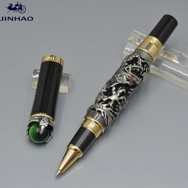 الفاخرة JINHAO العلامة التجارية القلم الأسود الذهبي الفضة التنين النقوش الرول الكرة القلم عالية الجودة اللوازم المدرسية المكتبية الكتابة أقلام خيارات سلسة