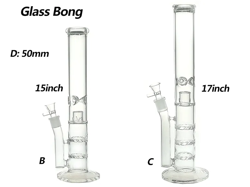 Glazen Waterpijp Bongs Pijpen 50mm 15/17inch Recht met 2 of 3 Slice-glass-stukken met 19mm kom GB008B/C