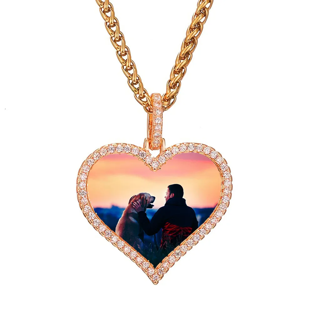 Custom Photo Iced Out Pendant Love Heart Necklace för män / kvinnor Personliga Minnesbild Hip Hop Smycken