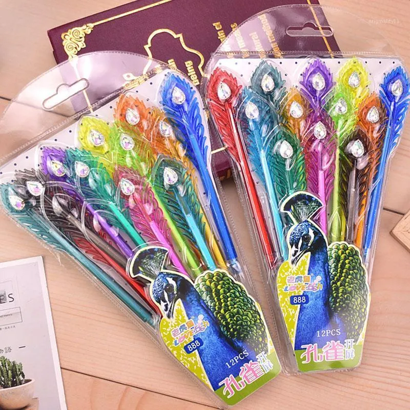 36 pcs/lot Creative Peacock Diamond Gel Pen Cute 0.38mm 12 colors Drawing Pens Office School Writing Supplies Promotional gift1