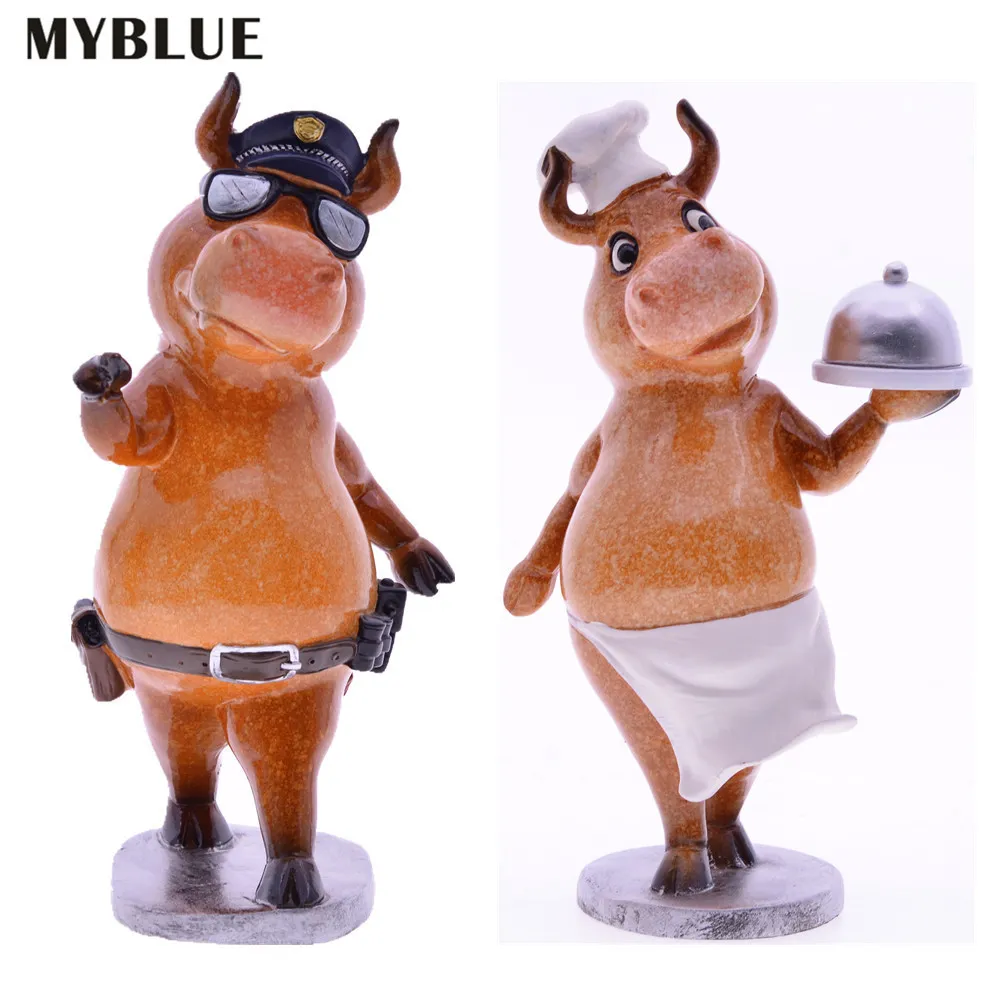 MYBLUE Kawaii 2021 Année Bull Résine Policier Chef Zodiaque Bovins Statue Nordique Maison Chambre Décoration Accessoires Moderne 201212