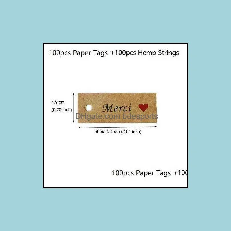 100pcs Kraft Paper Tags with Strings Handmade with Love Hang Tags Garment Tags for Candy/Gift/ Display Packing Label Card Y1230