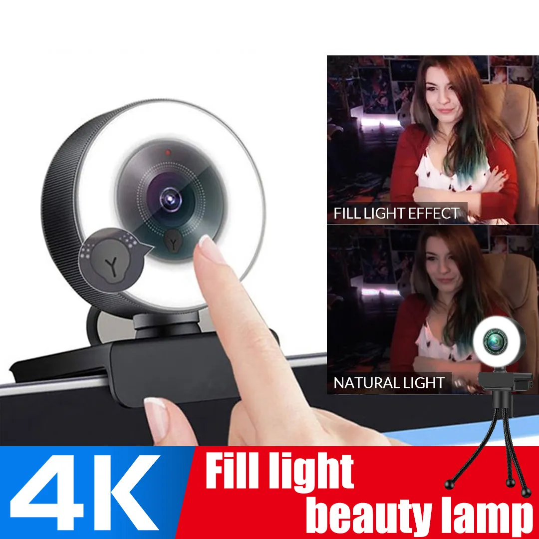 4K Webcam HD 1080P Smart Fix Focus 500W USB كاميرا ويب مع حامل ثلاثي الأبعاد حلقة الميكروفون لجهاز الكمبيوتر Twitch Skype Obs Steam