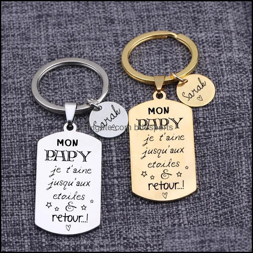 Keychains Custom Piece Tag Dad Papa Keychain Memorial Gift Lettering Engraved Personalized Present For Fathers Day Jewelry Key Holder