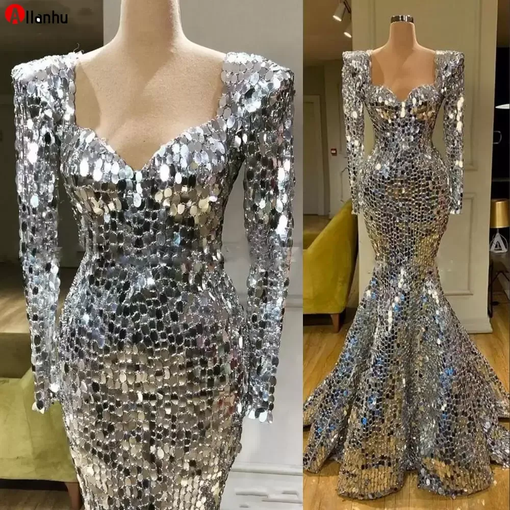 NEU! 2022 Neue funkelnde Pailletten Silber Meerjungfrau Abendkleider mit langen Ärmeln Arabisches Abendkleid Dubai Lange elegante Frauen formelle Party-Gala-Kleider