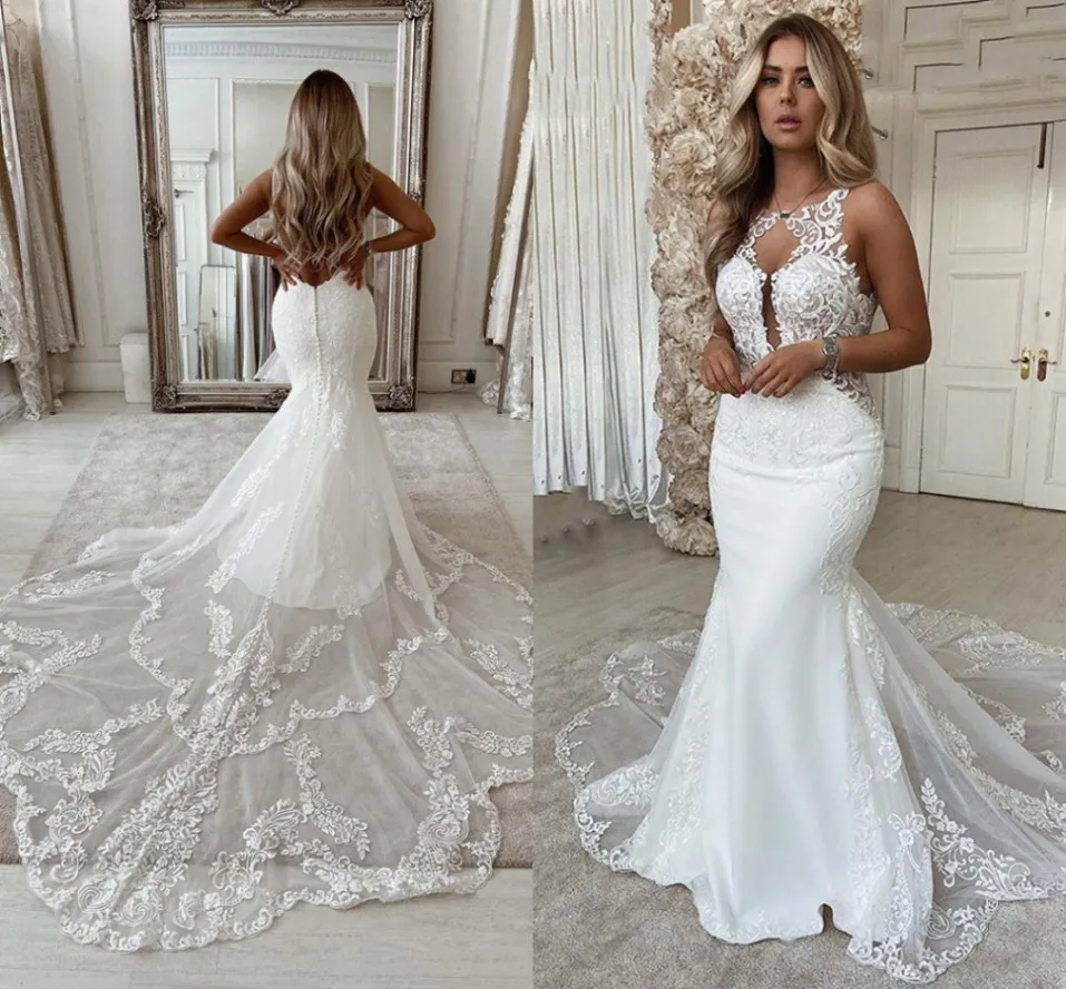 2022 Praia Sexy Sereia Vestidos De Noiva Scoop Pescoço Lace Appliques Bridde Vestido Aberto País Vestido Nupcial Vestido de Novia Robe Mariée