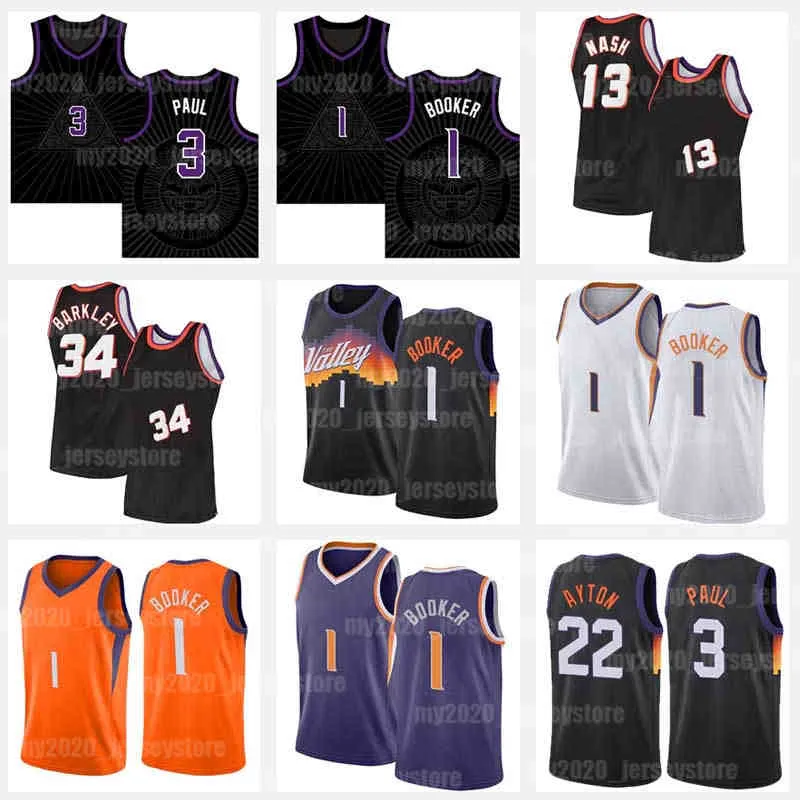 1 Booker Jersey Chris 3 Paul Devin Koszykówka DEANDRE 22 AYTON Steve 13 Nash Retro Czarny Biały Fioletowy Mesh Charles 34 Barley Jersys 2021 2022