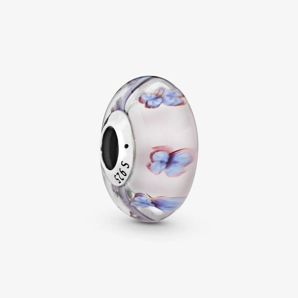 Ny ankomst 925 Sterling Silver Butterfly Pink Murano Glass Charm Fit Original European Charm Bracelet Mode Smycken Tillbehör