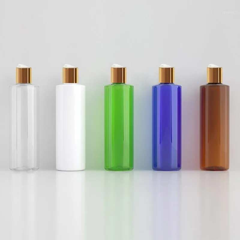 24 stks 250 ml witte helderbruine lege plastic shampoo fles met gouden schijf topkap, room / essentiële oliedouche gel reisflesje1