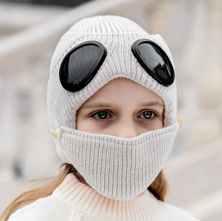 Meninos meninas chapéu de inverno óculos à prova de vento ao ar livre com máscara de inverno chapéus de proteção de orelha tampão kats quente bonés