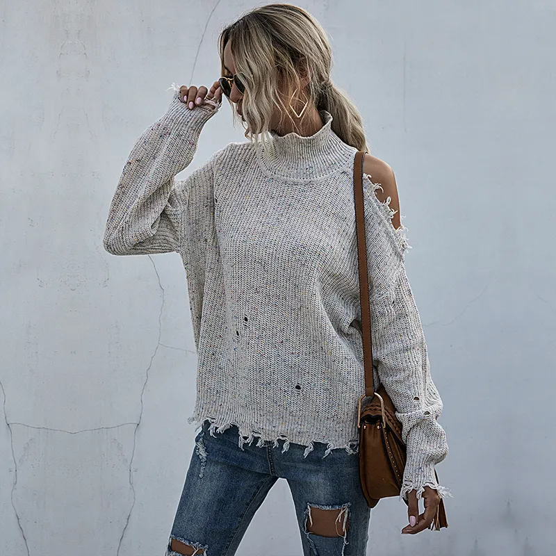 Womens Fashion Knitted Off Shoulder Sweater With Loose Ripped