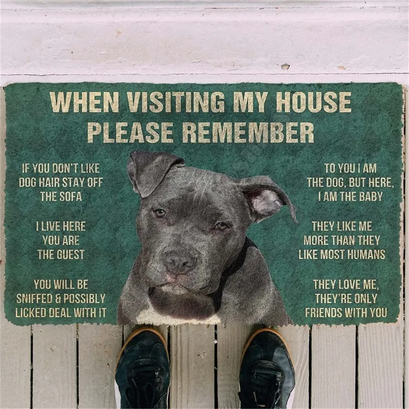 3D tryckt snälla kom ihåg Pitbull hundar hus regler anpassad dörrmatta icke glidd dörr golv mattor dekor verv 04 220301