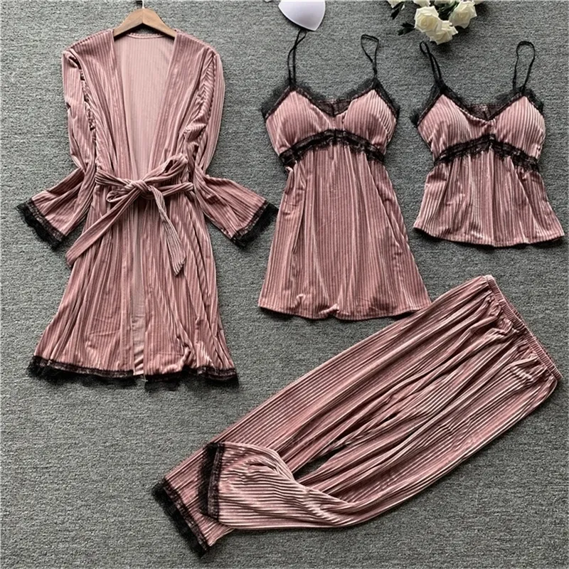 Vinterhem 4st Pajamas Set Women Velvet Long Sleeve Warm Nightwear Robe Nightdress Clothing Lingerie With Chest Pads 201113