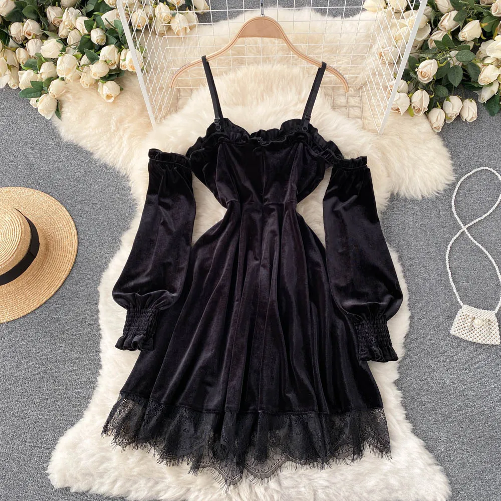 YuooMuoo Ins Princess Black Mini Dress with Off-Shoulder High Waist, Lace Patchwork, and Gothic Style for Women's Korean Party - rosalita mcgee