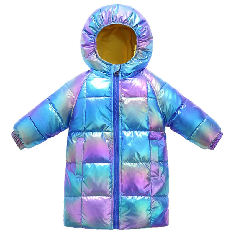 Зима новая красочная яркая сторона детская длинная куртка вниз пальто длинное хлопковое пальто с капюшоном для мальчиков и девочек 201126