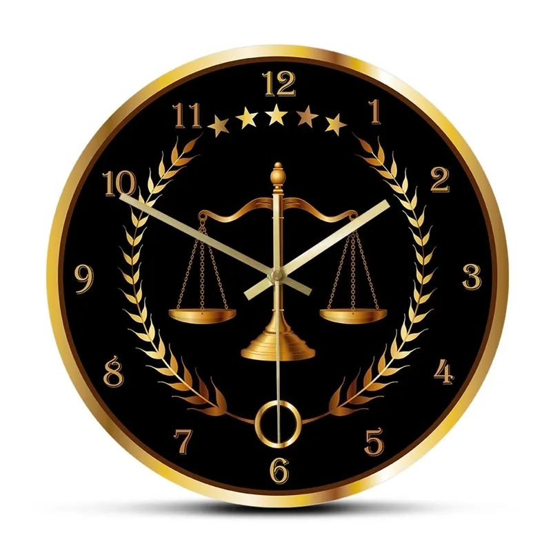 Skala sprawiedliwości Nowoczesny zegar Nie tykający Zegarki Prawnik Office Decor Firma Sędzia Prawo Wiszące Watch Wall 201212