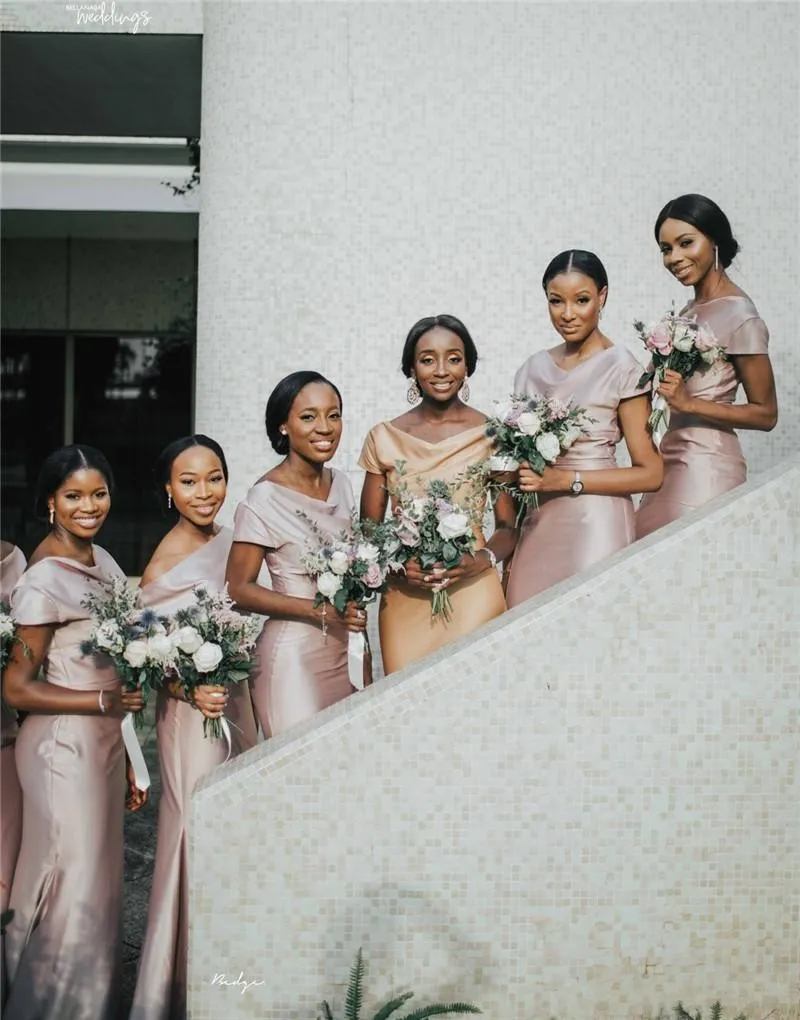 Blush Satin Mermaid Satin copper bridesmaid dresses - Vintage Style, Off-Shoulder, Perfect for Prom, Formal Parties, Weddings, and Guests