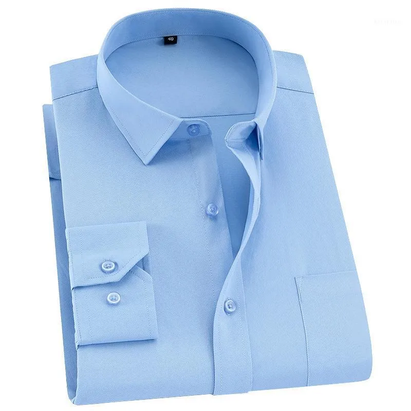 Taglie forti 8XL Camicie eleganti da uomo d'affari Camicia da lavoro in twill a maniche lunghe Uomo Tinta unita Blu Bianco Tasca sul petto Abbigliamento Estate1