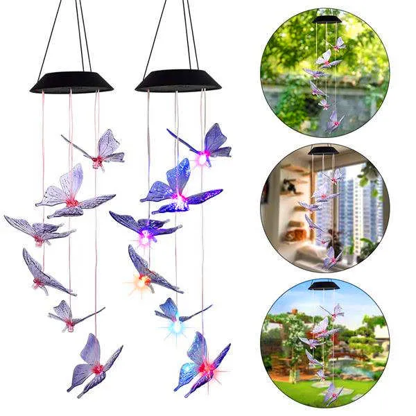 New Design 2v Solar Intelligent Light Control Design and Color Shell Butterfly Wind Chime Corridor Decoration Colorful Light