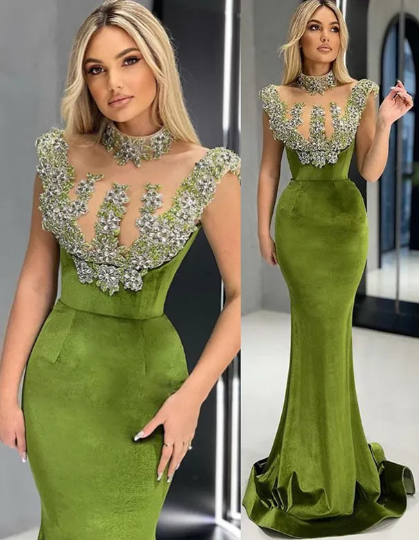 ASO EBI 2022 ARABIC Plus Green Luksusowe luksusowe sukienki na balsame Kryształowe Kryształy wieczorne przyjęcie Drugi odbiór urodzinowe suknie zaręczynowe sukienka ZJ436