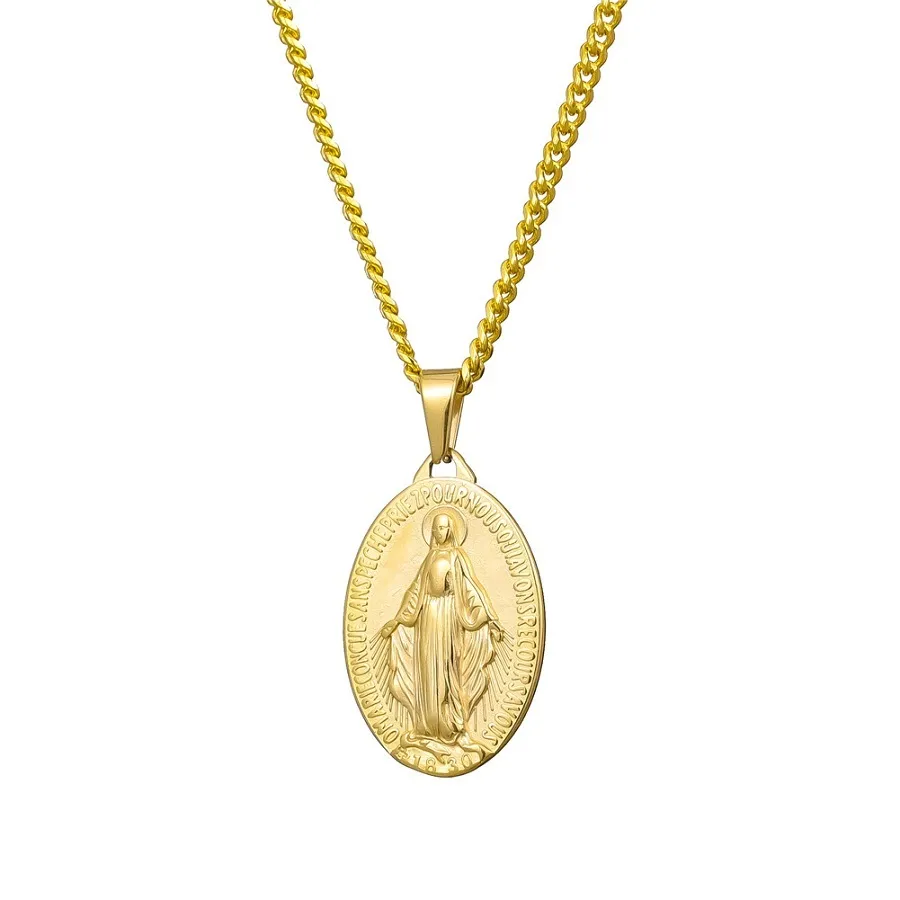 Fashion Mens 18k Gold Plated Virgin Mary Pendant Halsband Fashion Hip Jewelry Designer Link Chain Punk Men Neckor For Men Women271m