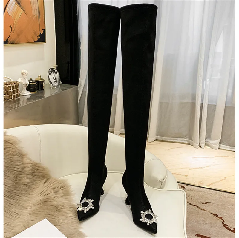 2021 Apoiado de Toe Toe Thigh-High Botas Brocas e Sol Fuckles Sobre Joelho Mulheres Mulheres Coxa-Alto Joelho Botas Moda Barreled Stretch Terry Botas