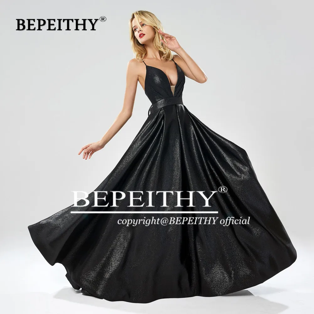 BEPEITHY Deep V Neck A Line Gray Long Prom Dresses 2020 Vestidos