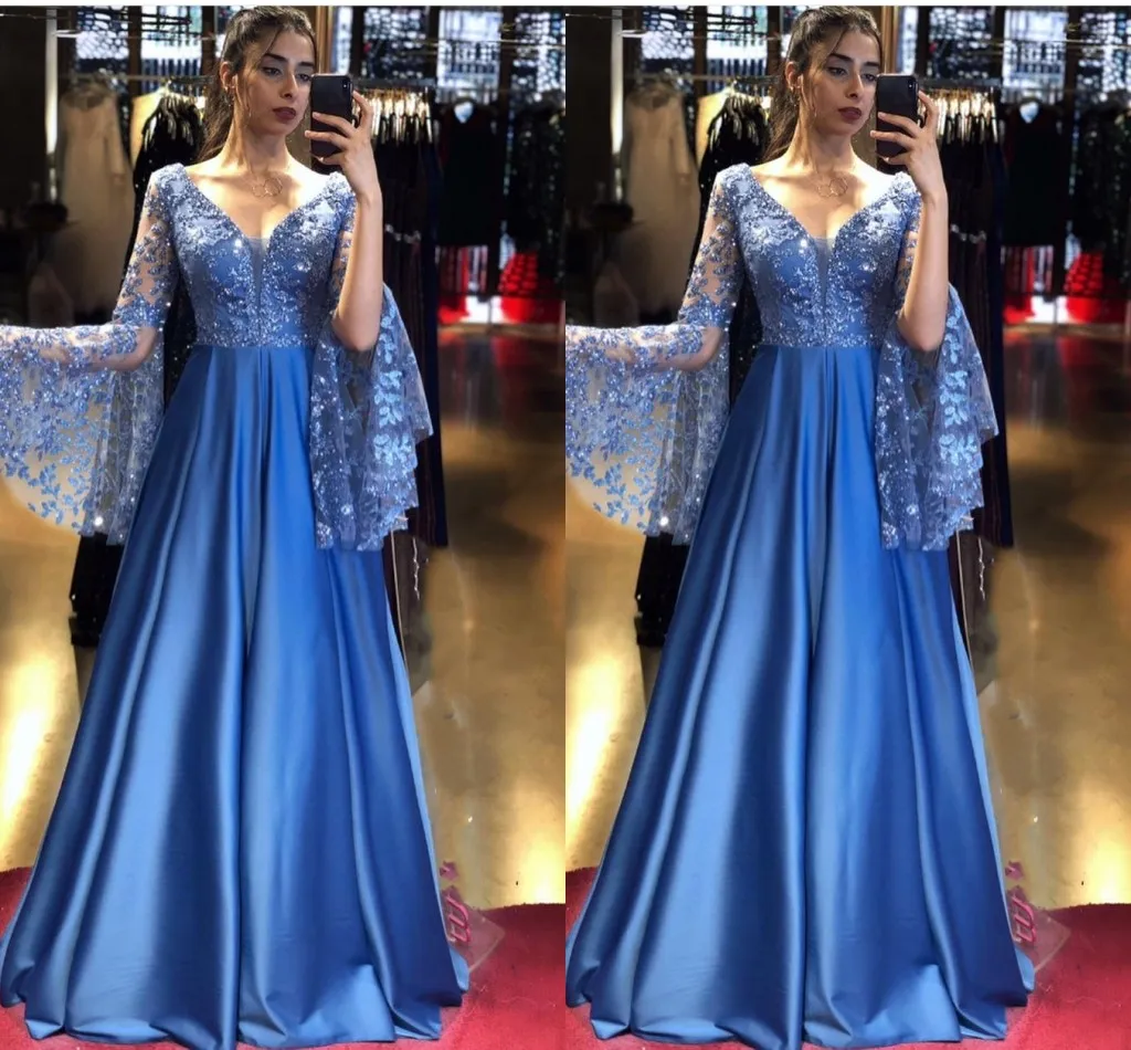 Dreaming Juliet Long Sleeve Prom Dresses Sky Blue Satin Pluning V-neck Floral Lace Beaded Crystal Sheath Evening Dress Formal Gowns Guest