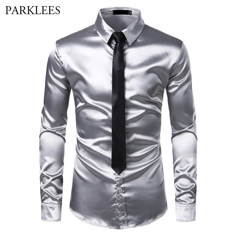 2st Silver Silk Shirt + Tie Mens Satin Smooth Tuxedo Shirts Casual Button Down Men Dress Shirts Wedding Party Prom Chemise Homme 201120