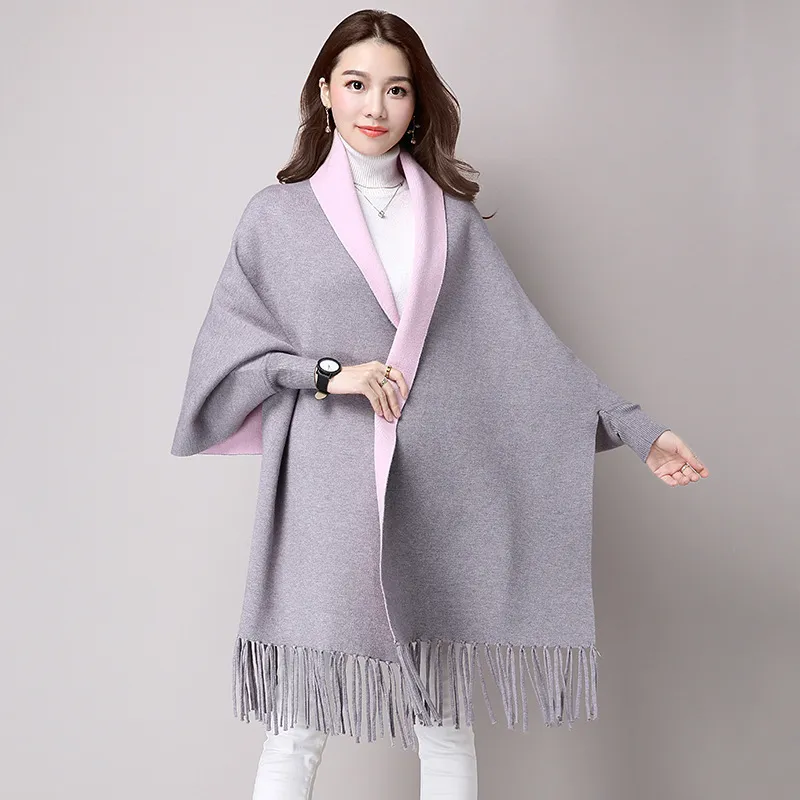 Geometric Knitted Winter Poncho With Tassels And Cape Sleeves For